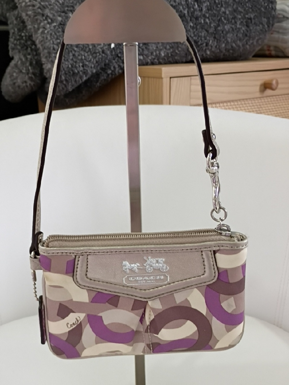 Coach Beige & Purple Signature Ring-Print Mini Wristlet